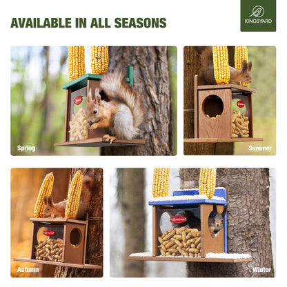 Kingsyard Squirrel Feeder Box for Outside, Recycled Plastic Squirrel Feeder Box with Corn Cob Holders, Easy to Refill & Clean, Weather-Proof (Brown)