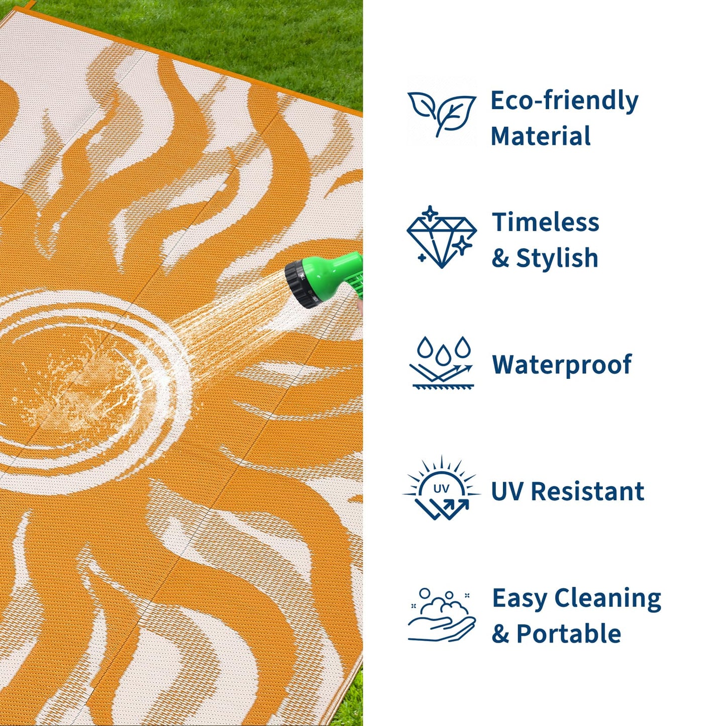 Garvee Outdoor Rug 8x10 Waterproof Patio Rugs with Boho Sun Pattern, Reversible Plastic Straw Camping Rugs Outdoor Indoor RV Mat Carpet for Deck, Backyard, Picnic, Porch, Balcony, Beach, Orange
