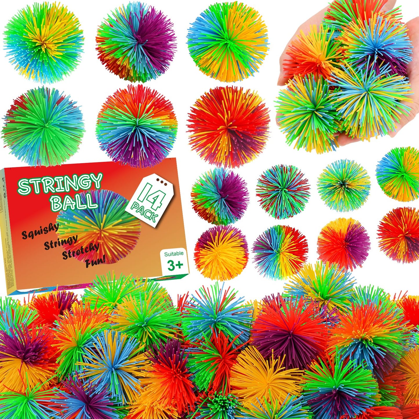 SHQDD 14 PCS Stringy Balls, Sensory Stringy Ball, 2.75 inch Soft Rainbow Pom Bouncy, Basket Stuffers Fillers, Monkey Pom Balls Fidget Toys Stress Ball, Party Favors Birthday Gifts (Multi-Color)