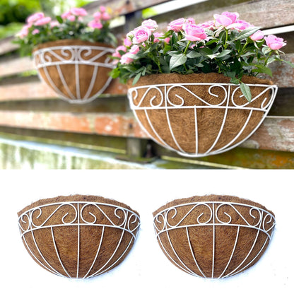 LaLaGreen Wall Mounted Flower Baskets (2 Pack, 12 Inch) Wall Hanging Planter with Coco Liner for Outdoor Plants, White Metal Wire Elegant Herb Pots Holder Fence Railing Deck Porch Balcony Garden Patio