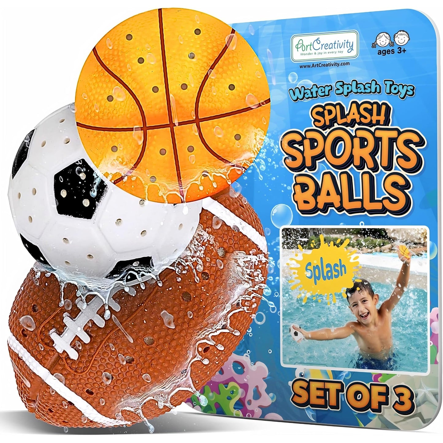 ArtCreativity Pool Toys for Toddlers 1-3, Splash Sports Balls Water Toys, 3 Different Athletic Water Ball Designs Include Football, Basketball & Soccer Ball, Spongy Pool & Bath Toys for Kids Ages 4-8