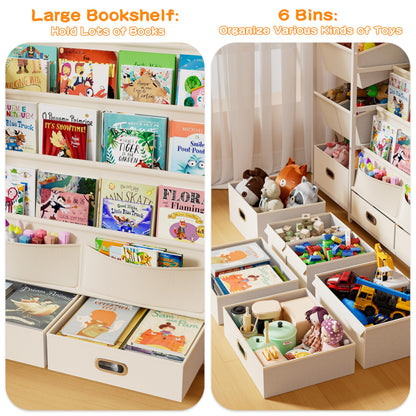 HAVLOTII Kids Bookshelf and Toy Storage - Book Shelf for Kids Rooms, Toddler Bookshelves Baby Bookcase for Nursery, Montessori Toy Organizer, 6 Toy Bins for Kids Toy Storage