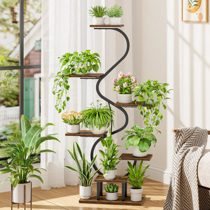 CODACE Plant Stand Indoor with Grow Lights - Tall Corner Plant Shelf, 7 Tiered Plant Stands for Indoor Plants, Metal Flower Plant Rack, Curved-Shaped Inoor Plant Holder for Living Room, Patio（Black