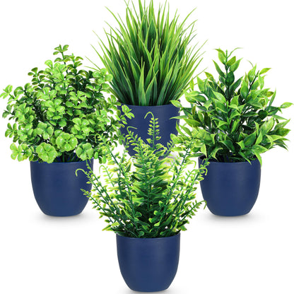 Der Rose 4 Pack Fake Plants Small Artificial Plants in Blue Pots Faux Plants Indoor for Home Kitchen Table Blue Bathroom Decor Accessories