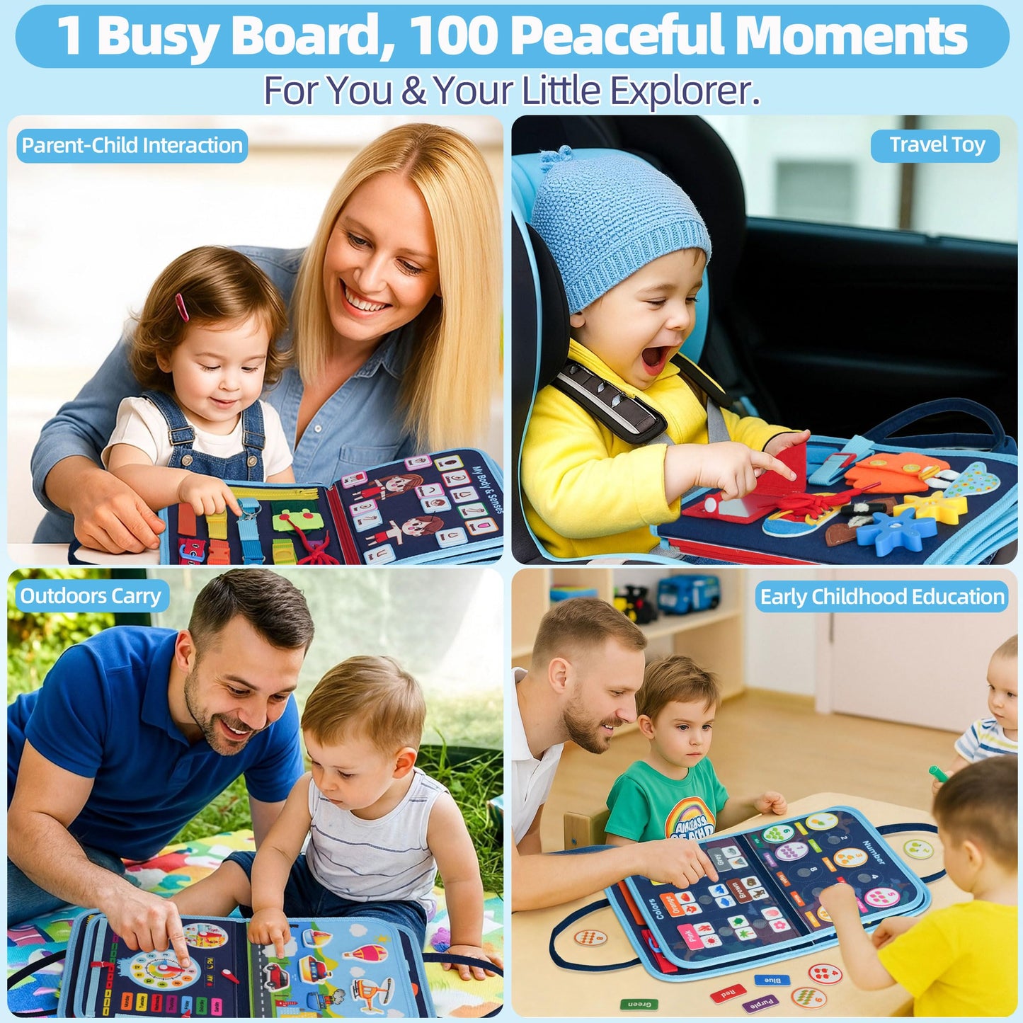 Toddler Busy Board Montessori Toys for 3 Year Old Birthday Gifts for Kids 10 Pages in 1 Soft Felt Activity Book Develop Fine Skills Educational Learning Sensory Travel Toys for Airplane Car