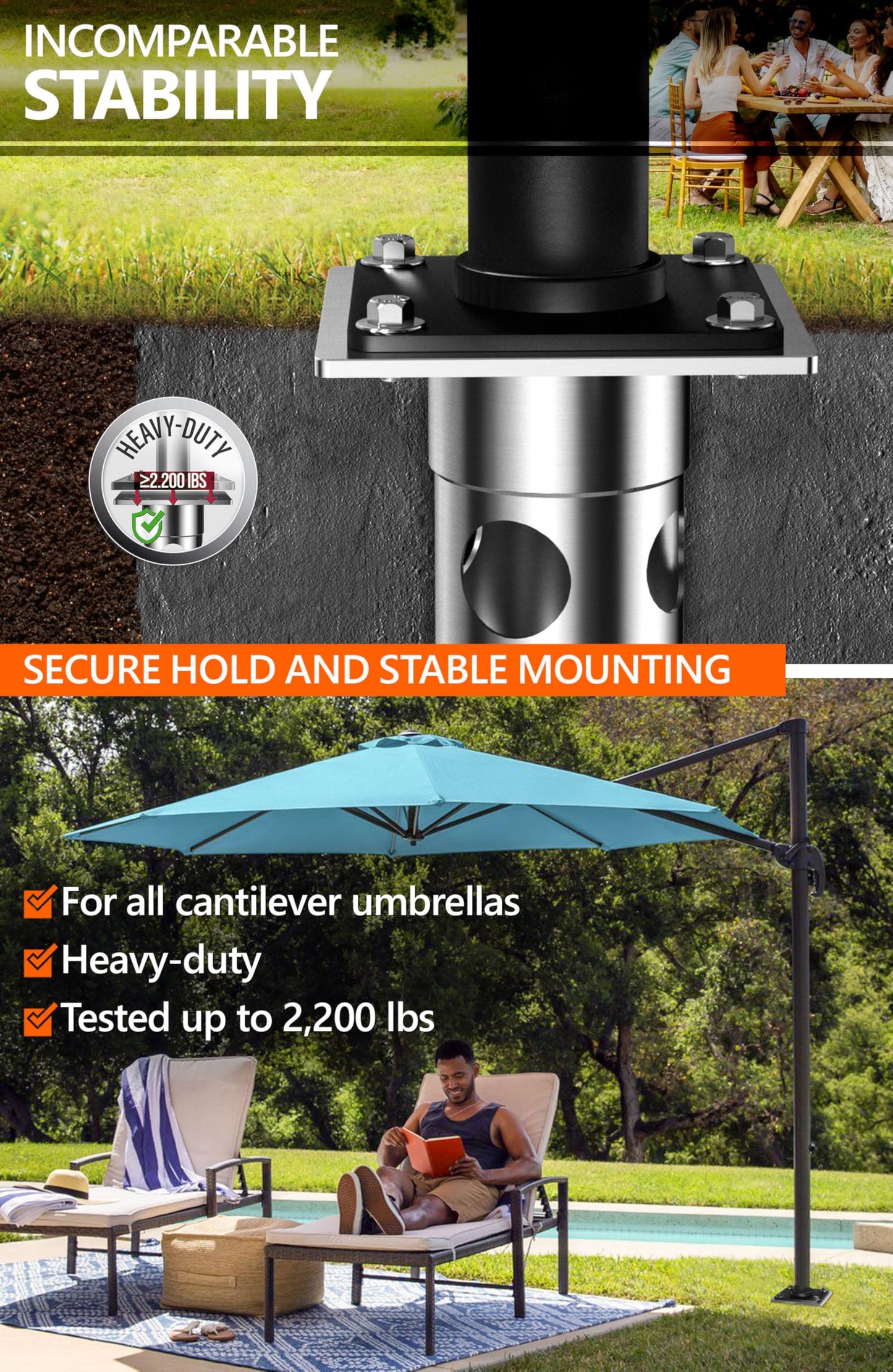 4smile In-ground umbrella base, stainless steel - In-ground umbrella holder, lifelong quality - Umbrella stand outdoor base, load capacity up to 2,200 lbs