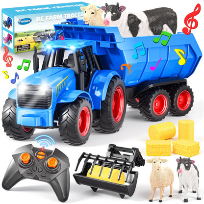 Funwee RC Tractor Toy Set with Light & Sound, Kids Farm Car Animal Trailer Wheels Remote Truck, Outdoor Vehicle Toys for 3-7+ Years Old Toddler Boy and Girl Gift(Blue)