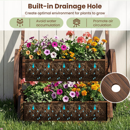 Giantex Wooden Wagon Planter Box, Rustic Garden Planter with Wheels, Handles & Drainage Holes for Flowers Herbs Vegetables, Indoor Outdoor Decorative Flower Cart for Patio Balcony (1)