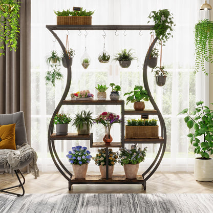 Tribesigns 6-Tier Plant Stand, 70.9 Inch Tall Plant Shelf with 10 Hanging Hooks, Vase Shape Ladder Plant Stand, Multi-Purpose Plant Display Rack for Indoor, Balcony, Living Room, Brown and Black