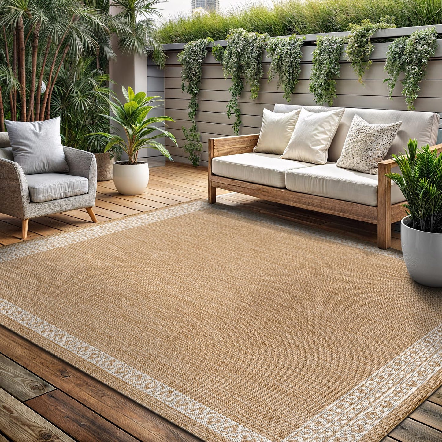 Washable Outdoor Rug 8x10 Modern Area Rugs Outdoor Carpets Bordered Pattern Non Shedding Waterproof Easy Clean Patio Deck Porch Living Room Bedroom Garden RV (8 X 10 Natural)
