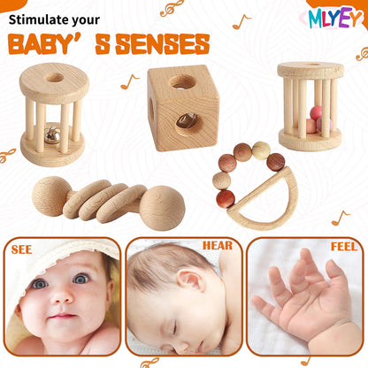 Wooden Baby Toy 8pcs, Montessori Toys for Babies 1-3 Years Old, Wooden Rattles Toy Set for Infant Grasping, Sensory Development, Gift for Baby Boys Girls (Natural Wood)