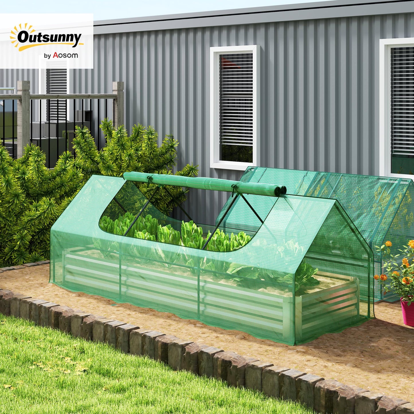 Outsunny 8.6 x 3 x 1ft Metal Planter Box with Mini Greenhouse, Galvanized Raised Garden Bed with Cover for Herbs and Vegetables, Small Greenhouse for Patio Garden Balcony, Green and Silver