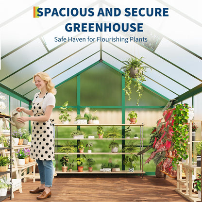 8 x 12 FT Greenhouse, Outdoor Sliding Door, Polycarbonate Greenhouse with Aluminum Frame, Lockable Door and Ajustable Roof Vent for Backyard, Outside Garden Backyard, Patio, Green