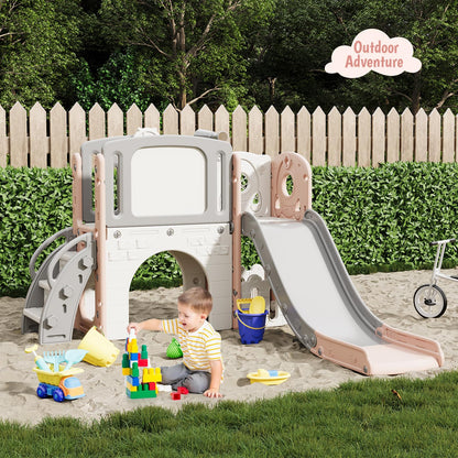 8-in-1 Toddler Slide Set with Climbing Ladder, Tunnel, Telescope & Basketball Hoop, Indoor Outdoor Playground Climber with Drawing Board & Storage, Kids Play Toy for Toddlers Age 1-3,Light Pink
