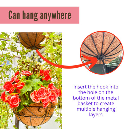 LaLaGreen Hanging Planter for Outdoor Plants (12 Inch, 6 Pack) Hanging Baskets with Coco Liner, Black Metal Wire Flower Basket Pots with Hook Hanger Balcony Porch Farmhouse Country Style Garden Decor