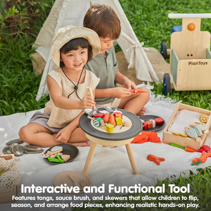 PlanToys® Wooden Barbeque Pretend Cooking Toy for Kids | Kitchen Toy Includes Grill, Food Pieces, Tongs & Charcoal Stove | Montessori Food Role Play Set for Fine Motor Skills & Imaginative Learning