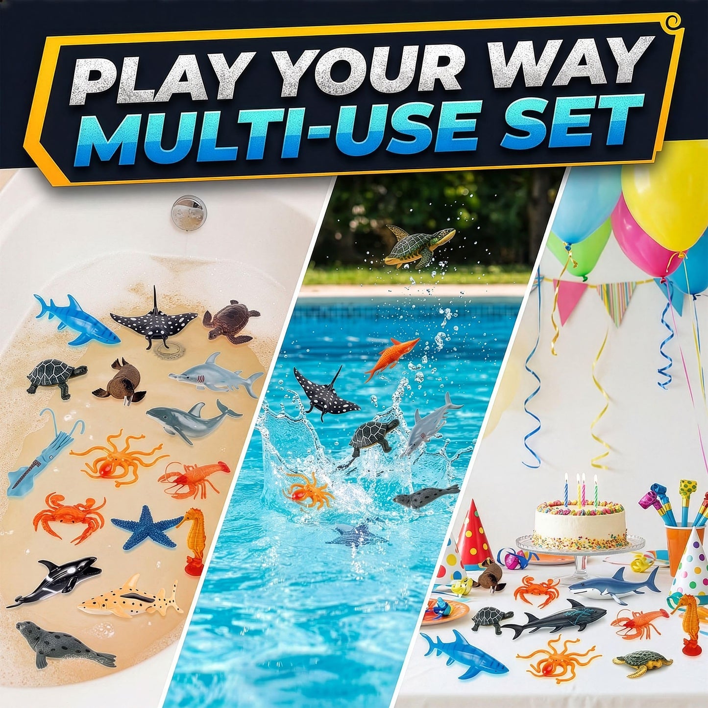 Liberty Imports Bucket of Ocean Sea Animals Toys - 16 PCS Large Underwater Deep Sea Creaures, Realistic Soft Plastic Marine Educational Toy Figures Playset for Toddlers, Kids