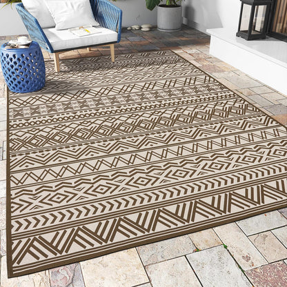 Outdoor Rug Carpet 9x12 ft, Flatweave Textured Outdoor Patio Rug Non Slip Indoor Outdoor Rugs with Rubber Particles Backing Boho Outdoor Area Rug for Patio Deck Front Porch Backyard Balcony, Brown