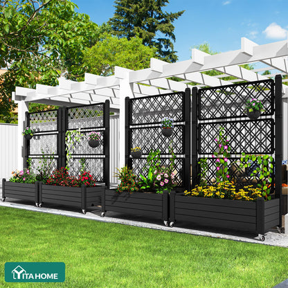 YITAHOME 43.3x17.7x61 in Planter Trellis Box with Wheels & Drain Plug, Outdoor Resin Raised Garden Bed for Climbing Plants, Large Weather-Resistant Design, Black