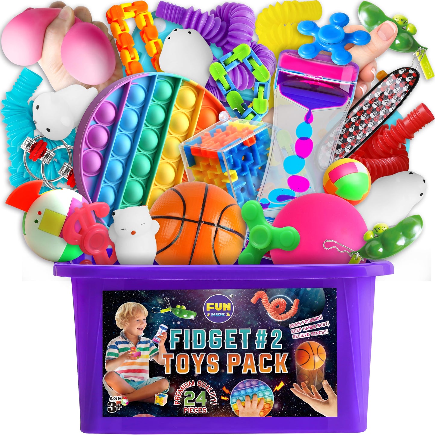 Fidget Pack Box for Boys Girls 4-12, FunKidz Fidget Toys for Kids 5-7 Autistic Sensory Mystery Birthday Gifts in Reusable Portable Treasure Box Nice Party Favors