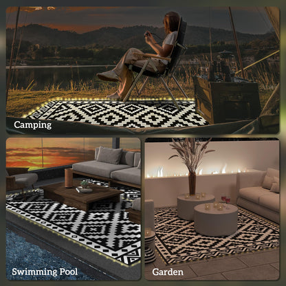 Outsunny Reversible Outdoor Rug Carpet, 12' x 9' Waterproof PP Plastic Straw Rug, Portable RV Camping Mat with LED String Lights, Floor Mat Area, Black and White