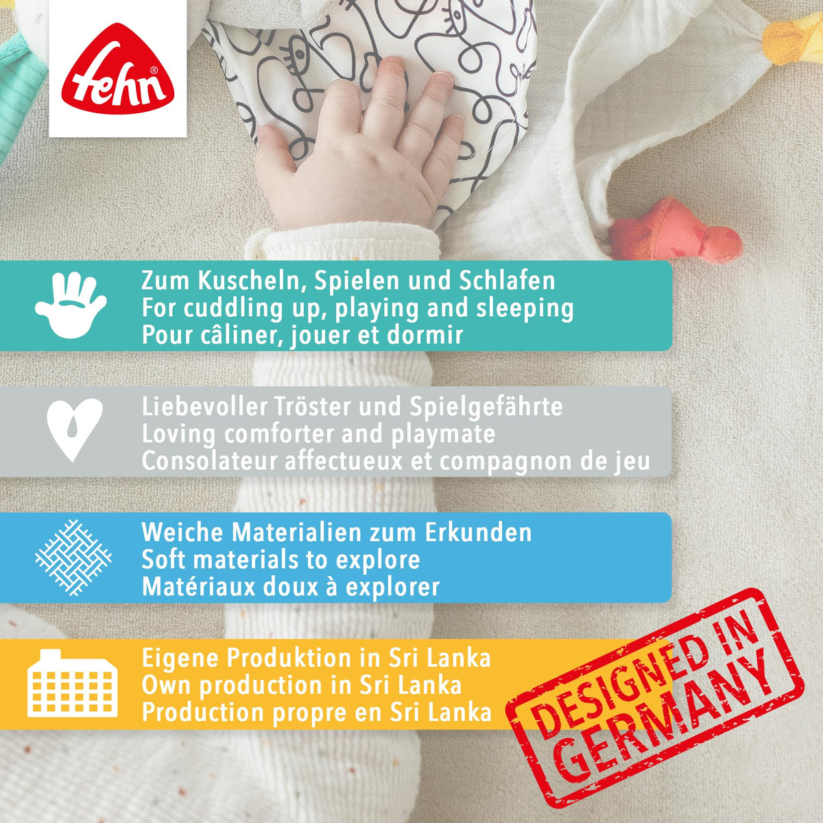 Fehn fehnNATUR rabbit cuddly toy, play companion and soft toy made of organic cotton with dummy chain, for babies and toddlers from 0+ months