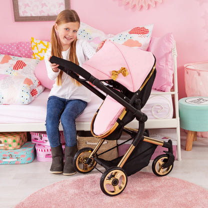 Bayer Pram Neo Vario Convertible Doll Stroller, Pink Black Gold, Foldable Toy with Shoulder Bag, Ages 3+