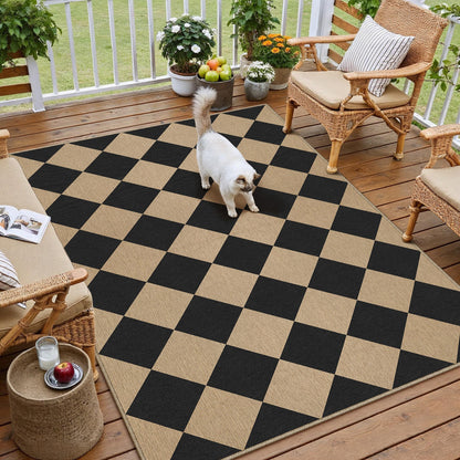 PureCozy 4x6 Checkered Easy Jute Area Rug for Living Room Checkerboard Washable Indoor Outdoor Carpet Farmhouse Patio Office Mat Geometric Non Slip Black Carpet for Dorm Backyard Dining Room