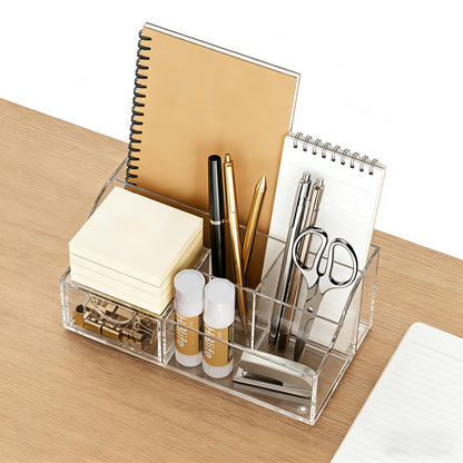 HBlife Acrylic Desk Organizer with 6 Compartments, Pen & Pencil Holder, Clear Multifunctional Desktop Caddy for Office Supply and Organization