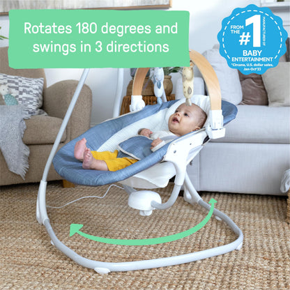 Ingenuity SimpleComfort Compact Baby Swing, Rotating Seat Swings in 3 Directions, 6 Speeds, 8 Melodies & 3 Nature Sounds, Ages 0-9 Months, Up to 20 Pounds - Chambray