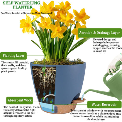 Self Watering Pots for Inoor Ourdoor Plants 10/9/8/7/6.5 Inch Plastic Planters with Drainage Holes & Water Level Indicator, Decorative House Flower Nursery Planting Pots with Saucers (Navy Blue)