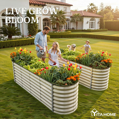 YITAHOME 8x2x2ft Raised Garden Bed Kit, 24" Tall 9 in 1 Large Galvanized Metal Planter Box with Gloves, Safety Rubber & Support Rod, Outdoor Flower Bed for Plants Vegetables Flowers, White