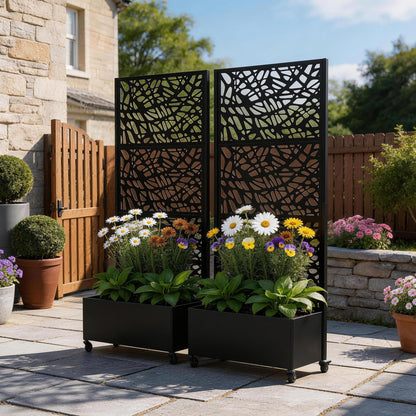UIXE Metal Planter Box with Trellis, Outdoor Galvanized Raised Garden Bed with Privacy Screen & Drainage Holes, All Weather Lockable Casters Patio Planter for Backyard, Organic Fracture - 71"H x 35"W