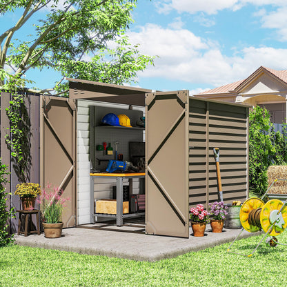 Outsunny 4.6' x 9' Steel Outdoor Storage Shed, Waterproof Lean to Shed, Metal Garden Tool House with Foundation Kit, Lockable Doors, Gloves and 2 Air Vents for Backyard, Patio, Lawn, Brown