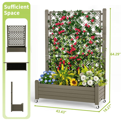 GYMHILL Elevated Raised Garden Bed with Trellis,Outdoor Large Resin Patio Planter Box with Lockable Wheels Drain Plug,Water Monitor for Plants Vegetables Flowers Fruits (Grey, 43.43 * 18.27 * 64.29)