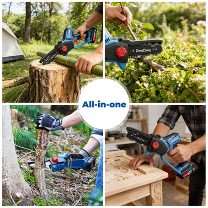 DongCheng 20V Brushless Mini Chainsaw, 6-Inch Cordless Electric Chainsaw with 2.0Ah Battery & Charger, 24000RPM, Auto Oiler, Tool-Free Chain Tension, 2.65 lbs for Wood Cutting, Tree Trimming, DIY