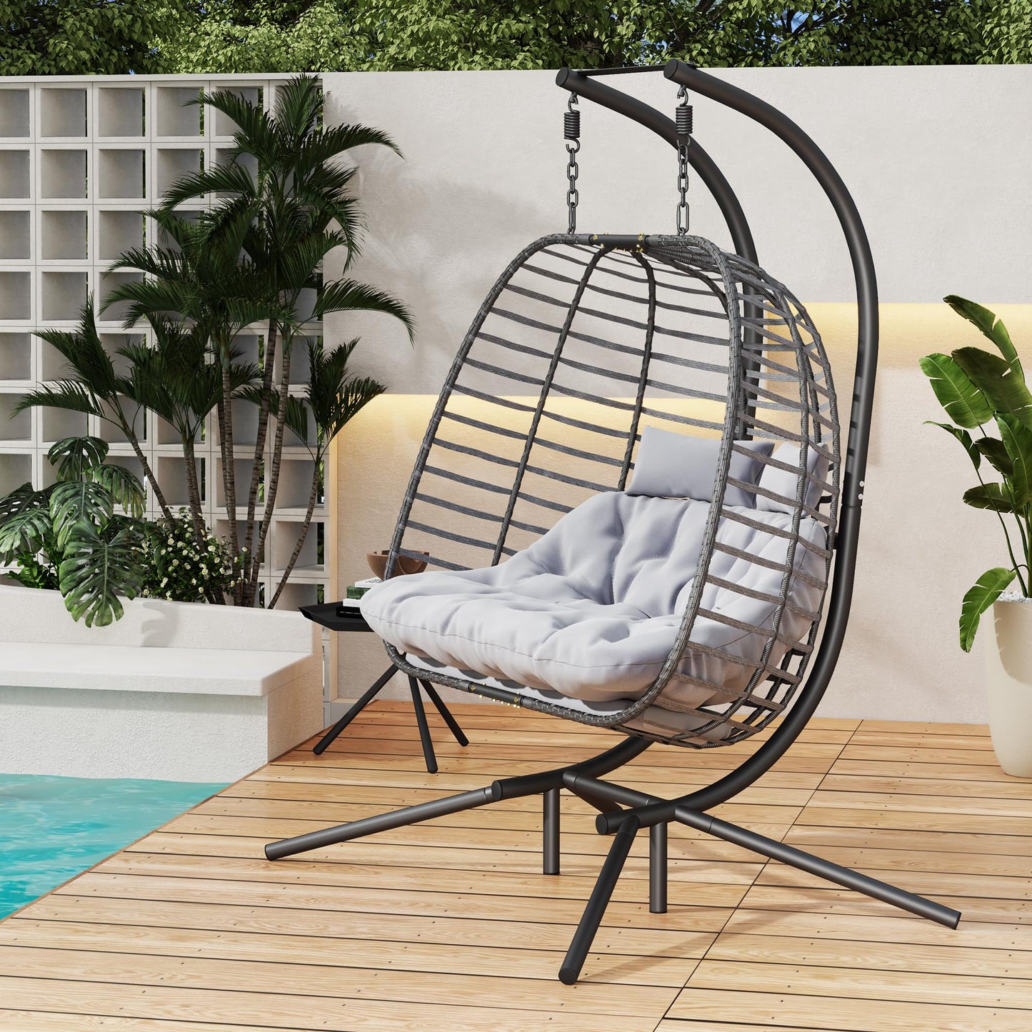 Double Hanging Egg Chair wth Stand, Patio Hammock Swing Chair with Cushion Loveseat for Bedroom, Balcony, Garden, Indoor, Outdoor