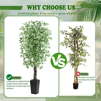 Artificial Ficus Tree Indoor 6FT Fake Plants Large Artificial Plant with Crack Black Tall Planter, Green Lifelike Lush Fake Ficus Tree for Home Living Room Bedroom Outdoor Balcony House Office Decor