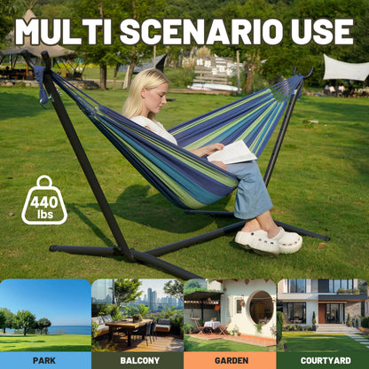 Hammock with Heavy-Duty Steel Stand for Outside，Hammocks 450 Lb Capacity，Portable Hammock，2 People Standing Hammocks，Suitable for Beach，Backyard, Gardens, Patio, Bedroom，100 * 40 * 38 Inch (Blue)