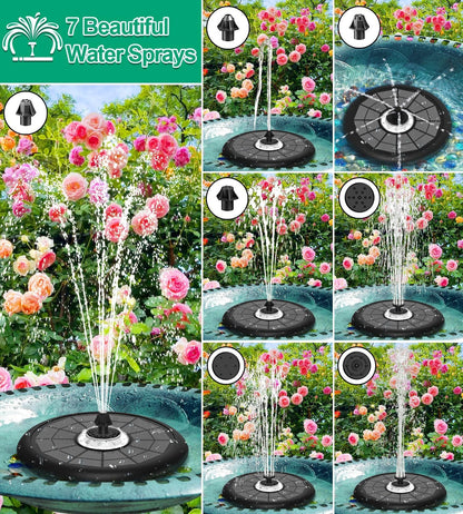 SZMP Powerful 5W Solar Powered Water Fountain for Bird Bath, Upgraded Glass Panel with Colorful Light Show, 7 Nozzles, Anti-Drift Fixer, 2000mAh Battery
