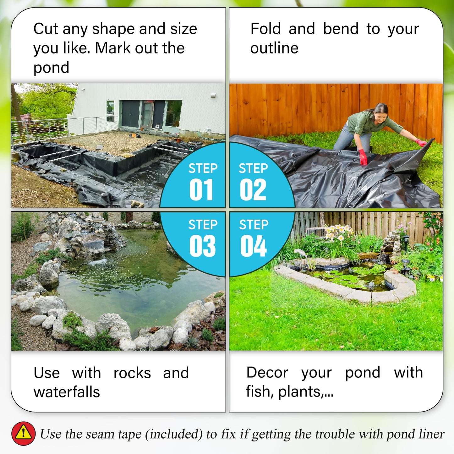 PAMAZY [Premium] 45 Mil LDPE Pond Liner with Seam Tape, Pond Lining for Fish Pond, Performed Garden Ponds, Large Pond Liner for Fishpond, Koi Pond, Waterfall, Streams (9.8 x 13.1FT)