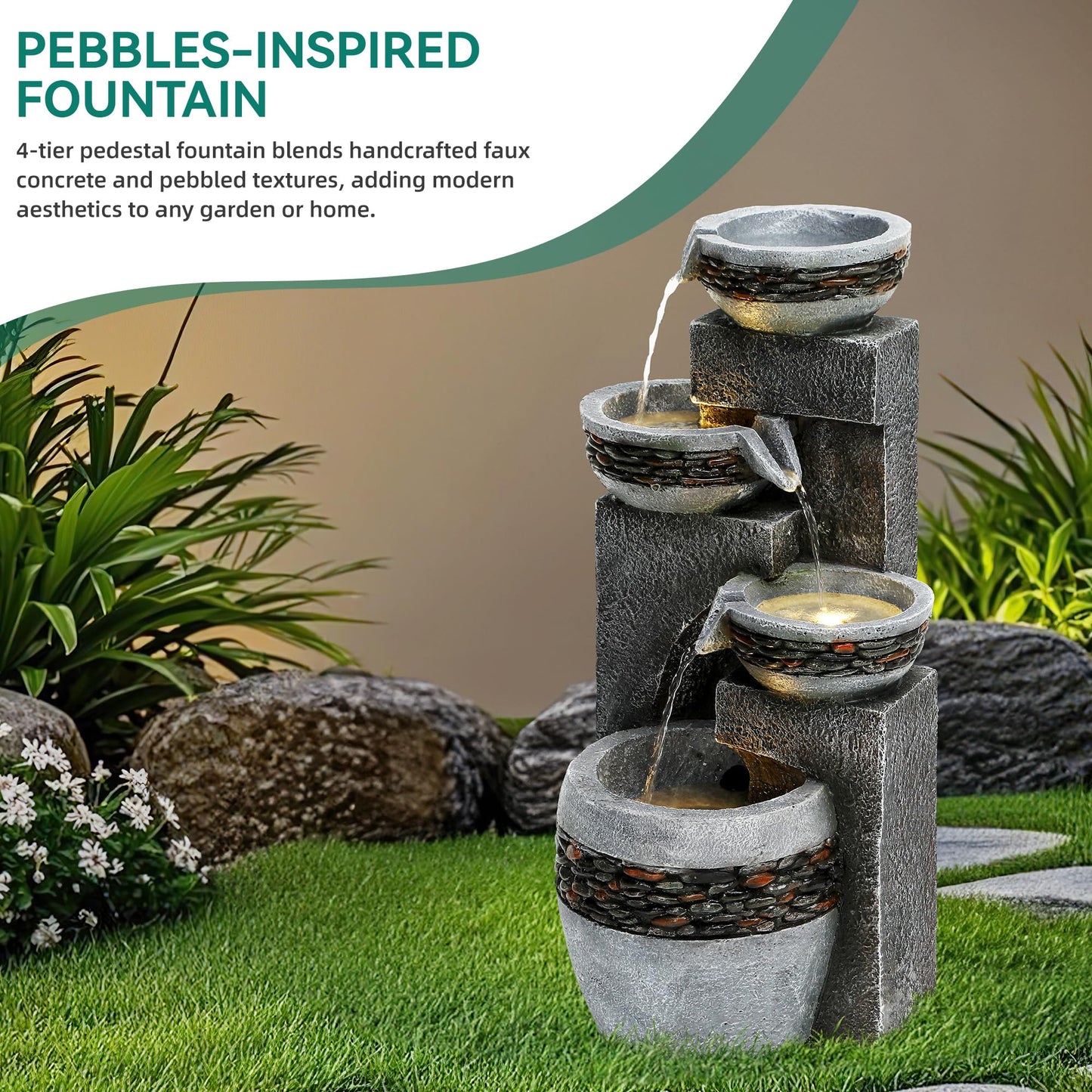 Autodaya 19.5" Tall 4-Tier Pedestal Outdoor Water Fountain with LED Lights and Pump, Relaxing Garden Fountain Waterfall for Patio, Porch, or Yard