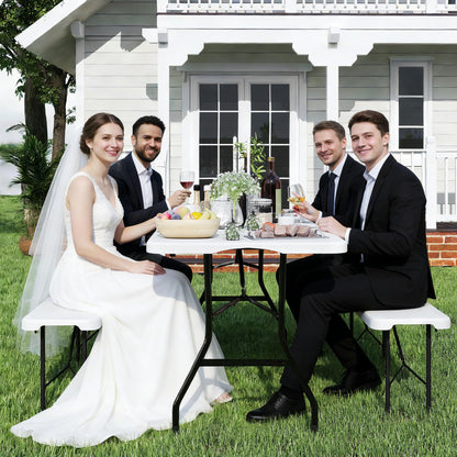 Winlice 6 FT White Picnic Folding Table Set with 2 Benches, Portable Patio Dining Sets for Backyard, Lawn, Event, Party, Camping