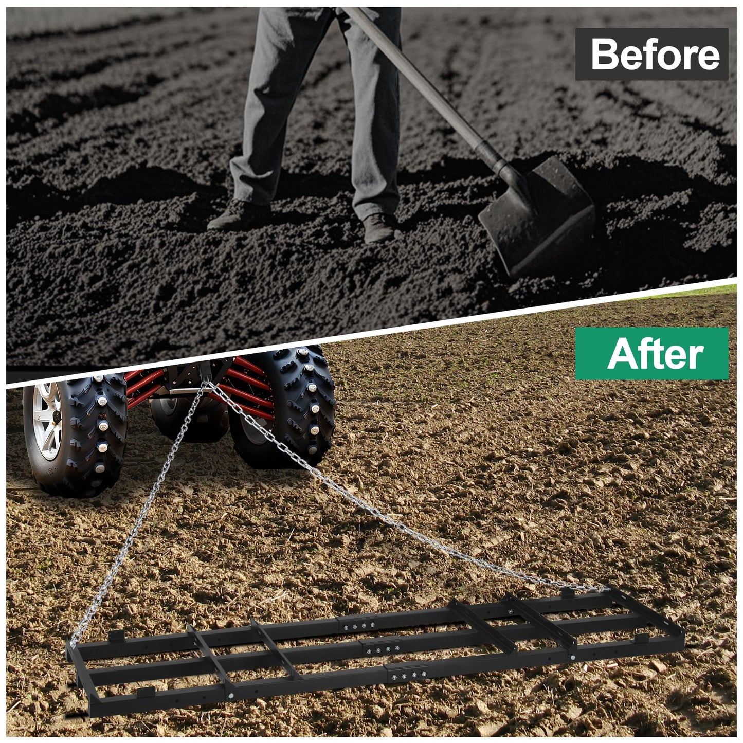 Toriexon 6 FT Drag Harrow Driveway Grader, Heavy Duty Power Rake w/ 5 FT Chain, Tow Behind Lawn Rake for ATV, UTV, Tractor, Mower, Land Leveler for Gravel, Sand, Soil, Hay