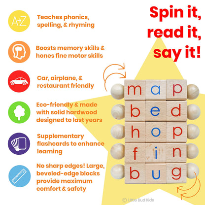 LITTLE BUD KIDS Spin-and-Read Montessori Phonetic Reading Blocks with CVC Phonics Flashcards for Beginner Readers, Montessori Reading Wooden Toys for 3 Years +