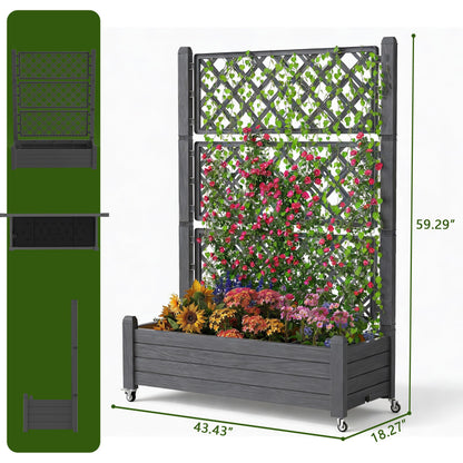 GYMHILL Elevated Raised Garden Bed with Trellis, 21 Gallon Self-Watering Outdoor Resin Planter Box with Lockable Wheels Drain Plug & Water Monitor for Plants Vegetables Flowers Fruits (Black)