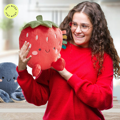 Itzy Ritzy Snuggles Plush Toy – Soft Stuffed Animal for Babies, Kids & Adults – Sensory Ribbons & Textured Fabrics for Tactile Play – Cozy & Cuddly Companion for Newborns & Up (Strawberry)