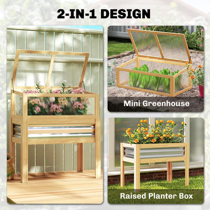 Outsunny Wooden Raised Garden Bed with Flip-Up Greenhouse Top, Raised Garden Bed with Legs and Bed Liner, Elevated Planter Box for Flowers, Vegetables, Herbs, Natural