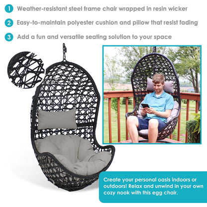 Sunnydaze Cordelia Egg Chair with Cushions -Resin Wicker Hanging Chair with 265-Pound Weight Capacity - Hanging Swing Includes Gray Polyester Cushion and Headrest