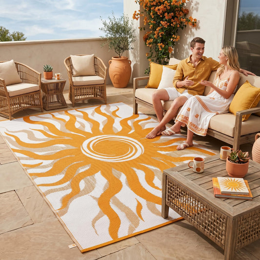 Garvee Outdoor Rug 8x10 Waterproof Patio Rugs with Boho Sun Pattern, Reversible Plastic Straw Camping Rugs Outdoor Indoor RV Mat Carpet for Deck, Backyard, Picnic, Porch, Balcony, Beach, Orange